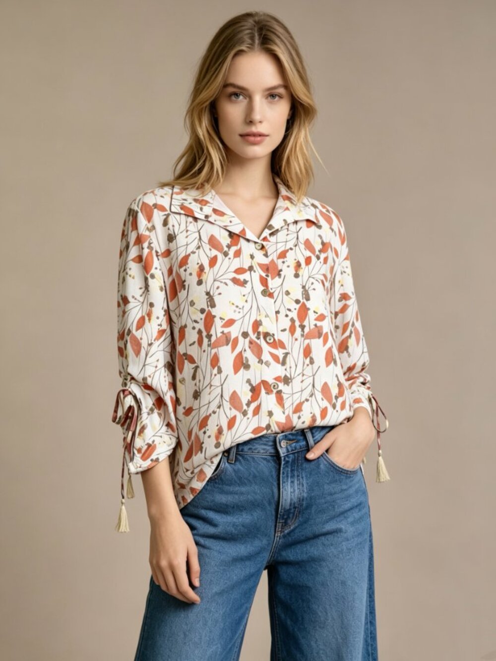 NWOT John Mark Tie Tassels Sleeves Orange Flower Buds Shirt Blouse Top Size M